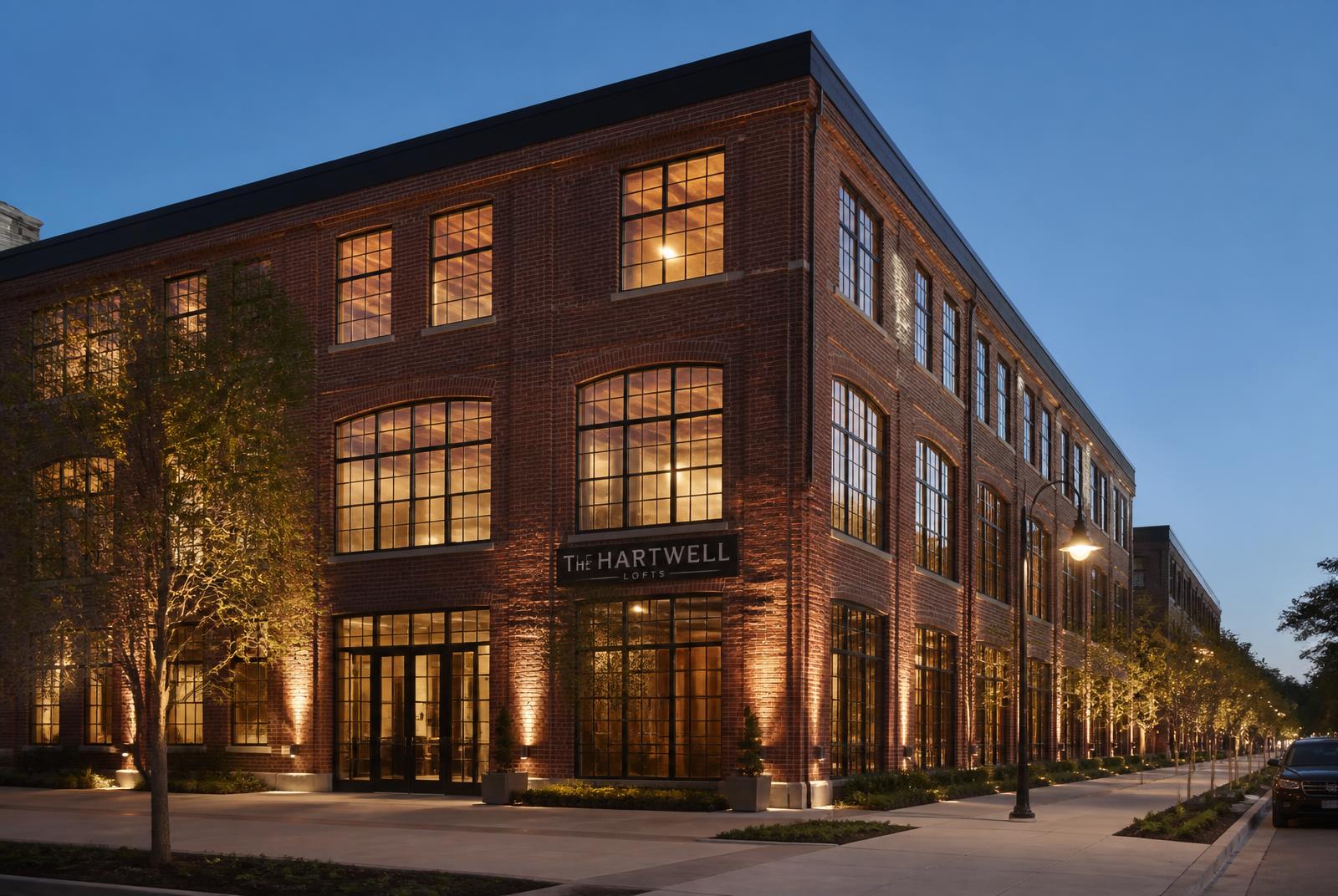 The same warehouse restored as loft apartments with steel windows